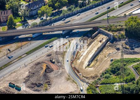 Vista aerea, importante cantiere all'interscambio di Herne, autostrade A42 e A43, costruzione di ponti ferroviari e tunnel, Baukau-West, Herne, Ruhr Foto Stock