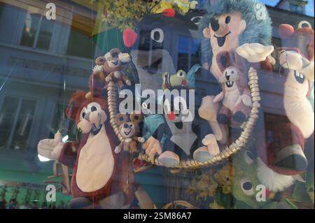 Vetrina del negozio di giocattoli. Animali farciti di vari personaggi dei cartoni animati. Scena colorata e stravagante. Evoca nostalgia per l'infanzia. Rappresenta un pla Foto Stock