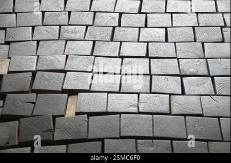 Blocchi di legno disposti a griglia, toni di legno chiaro e scuro con venatura visibile. Composizione geometrica astratta. Evoca un senso di ordine e di repe Foto Stock