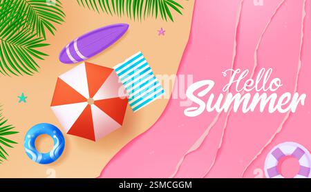 Salve, design vettoriale estivo. Testo di saluto estivo sullo sfondo della spiaggia dall'alto. Illustrazione vettoriale stagione delle festività tropicali. Illustrazione Vettoriale