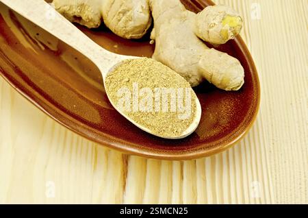 Radici di zenzero fresco, un cucchiaio di legno con una polvere di zenzero su vasellame contro un pannello di legno Foto Stock