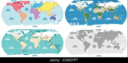 Quattro mappe mondiali con colori e stili diversi Illustrazione Vettoriale