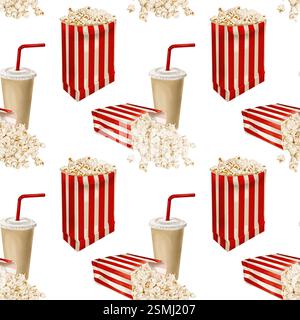 Popcorn in sacchetti e scatole. si disperde in direzioni diverse. beve in bicchieri di carta. Fantasia senza cuciture con snack. Illustrazione acquerello senza Foto Stock