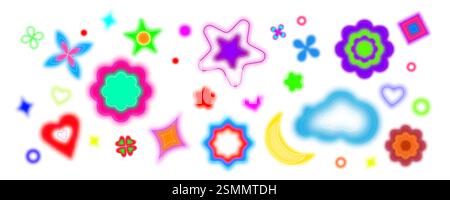 Forme colorate Y2K con effetto neon sfocato: Stelle e cuori, fiori, nuvole e luna, scintillio. Elementi astratti luminosi e luminosi con contorni sfumati retrò per un'estetica digitale nostalgica. Illustrazione Vettoriale