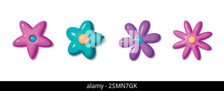 Collezione di fiori 3d Y2K in plastica dai colori brillanti: Rosa, turchese e viola. Forme a margherita retrò lucide per un design digitale nostalgico. Fiori semplici e realistici con texture plasticina. Illustrazione Vettoriale