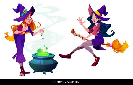 Simpatici personaggi stregoni isolati su sfondo bianco. Illustrazione vettoriale di una donna con cappello gotico che cucina pozione in calderone, libro di incantesimi in mano, volare su scopa, mascotte per feste di Halloween Illustrazione Vettoriale