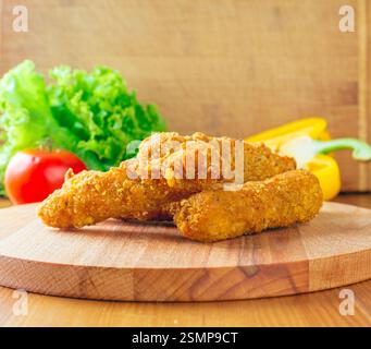 Deliziosi tender di pollo fritti dorati serviti su un tagliere di legno con verdure fresche in una cucina rustica Foto Stock