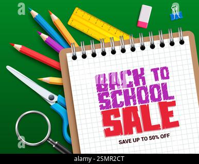Banner di testo vettoriale di vendita Back to School. Ritorno a scuola con un'offerta promozionale del 50% di formazione su elementi didattici colorati. Volantino con illustrazione vettoriale Illustrazione Vettoriale