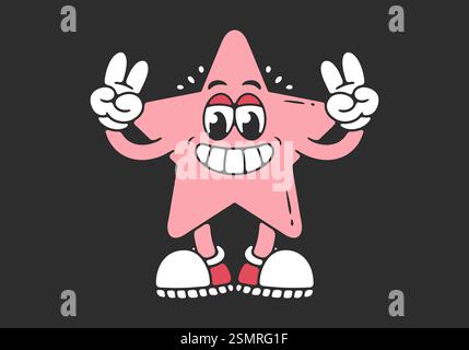 Personaggio mascotte di un'illustrazione a stella in piedi con le mani che formano un simbolo di pace di colore rosa Illustrazione Vettoriale