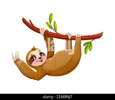 Cartoni animati pigri animali, simpatico e simpatico personaggio appeso al ramo d'albero che salta felicemente e irradia positività. Allegra creatura tropicale con grande Illustrazione Vettoriale