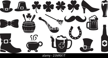 Elementi sagomati per il giorno di San Patrizio, set di simboli per il giorno di San Patrizio - silhouette Vector Collection Illustrazione Vettoriale