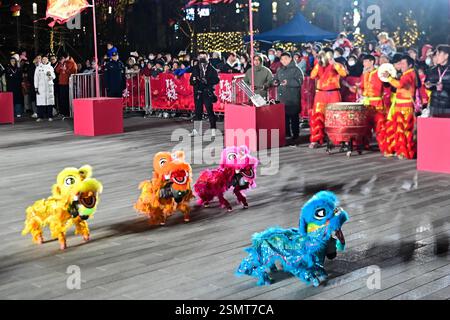 Cani robot, con decorazioni a forma di testa di leone, si esibiscono a ballare insieme a ballerini tradizionali durante una celebrazione del Festival delle Lanterne nella città di Suzhou, Foto Stock