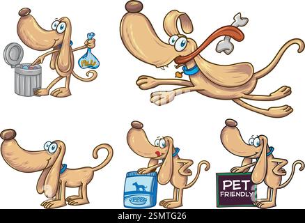 Funny Dog ambientato in pose diverse. Collezione isolata in stile cartoni animati. illustrazione vettoriale Illustrazione Vettoriale