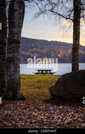 Laghi tranquilli di Hurdalsjøen e Skrukkelisjøen, betulle dorate e acque riflettenti. Un tranquillo rifugio autunnale dove la bellezza della natura invita alla riflessione Foto Stock