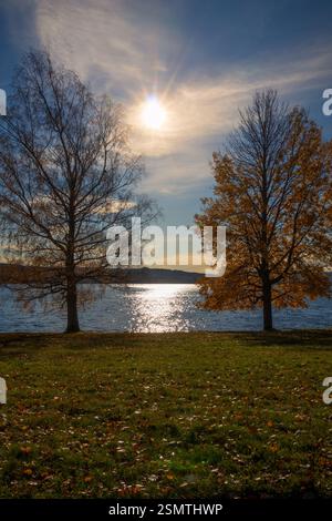 Laghi tranquilli di Hurdalsjøen e Skrukkelisjøen, betulle dorate e acque riflettenti. Un tranquillo rifugio autunnale dove la bellezza della natura invita alla riflessione Foto Stock
