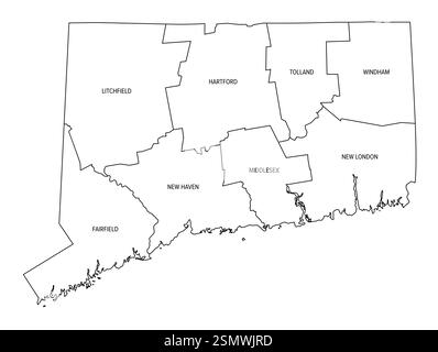 Stato del Connecticut diviso in contee, schema. Stato nella regione del New England degli Stati Uniti nord-orientali, suddiviso in 8 contee. Foto Stock