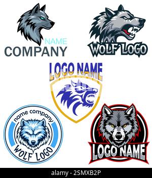logo wolf creativo e originale per la tua azienda o azienda imposta l'illustrazione vettoriale del logotipo isolata su sfondo bianco Foto Stock