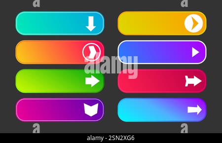 Pulsanti colorati per sfumature con frecce. Set di otto moderni pulsanti Web astratti. Illustrazione vettoriale Illustrazione Vettoriale