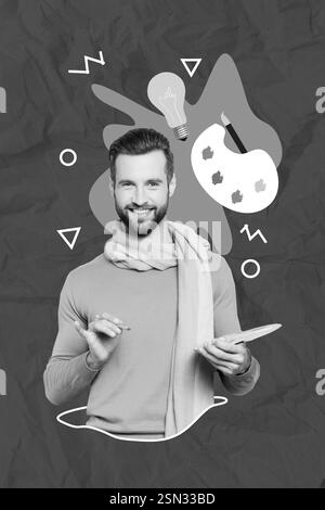 Collage foto progettato collage di giovane artista talento professionale disegno master hold palette brushpaint creatività idea isolato su sfondo blu Foto Stock