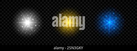 Effetto luminoso dei brillamenti dell'obiettivo. Set di tre luci luminose bianche, gialle e blu che brillano sullo sfondo trasparente. Il vettore Illustrazione Vettoriale