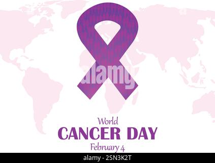 Concetto di giornata Mondiale del cancro. Mappa del mondo di design piatto, persone e nastro. Poster Design for World Cancer Day 4 febbraio, illustrazione vettoriale. Illustrazione Vettoriale