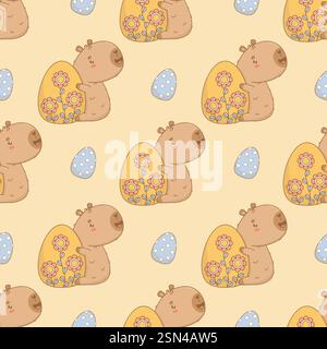 Motivo pasquale senza cuciture. Happy Capybara con uovo pasquale decorativo su sfondo giallo. Cartoni animati Kawaii per le vacanze. Illustrazione vettoriale. Illustrazione Vettoriale