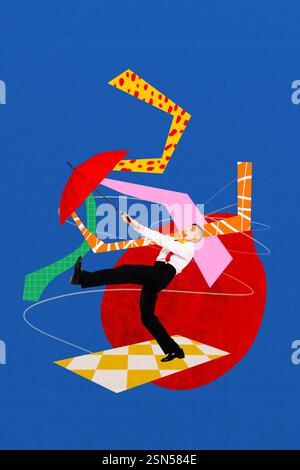Immagine poster collage fotografico verticale dell'uomo stupito tenere l'ombrello protezione dalla pioggia ciclone autunno cravatta confusione concetto colorato Foto Stock