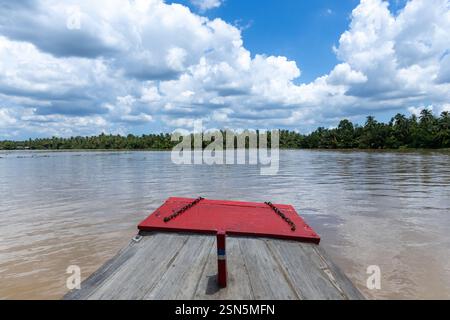 Prosciutto Luong - Vietnam 18 agosto 2024 - barca che viaggia lungo un braccio laterale del fiume Ham Luong nel Delta del Mekong del Vietnam, attraverso un paesaggio unico dom Foto Stock