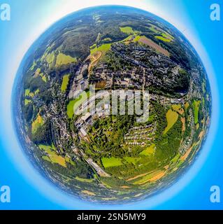Vista aerea, vista locale di Nierenhof, Bonsfelder Straße e binari ferroviari, area di costruzione Fellerstraße, globo terrestre, immagine fisheye, immagine a 360 gradi, ti Foto Stock