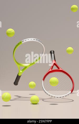 Due racchette da tennis e palle gialle in una disposizione dinamica che mette in mostra l'energia sportiva. rendering 3d. Foto Stock