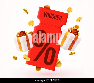 buono 3d con monete d'oro e confezione regalo. Omaggio speciale con buoni o voucher, percentuale di sconto. Modello di voucher regalo. Illustrazione vettoriale Illustrazione Vettoriale
