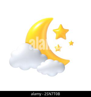 mezzaluna 3d. Luna, stelle e nuvole bianche i bambini dormono, dolce concetto di notte da sogno. Simbolo islamico del Ramadan realistico e lucido. Elemento arabo vettoriale musulmano Eid Mubarak per biglietto d'auguri. Illustrazione Vettoriale