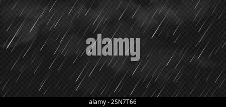 Pioggia realistica. Gocce di pioggia cadenti con nebbia bianca. Sfondo realistico di pioggia, effetto cielo piovoso, precipitazioni autunnali o primaverili. Struttura anticaduta isolata dal vettore. Illustrazione Vettoriale