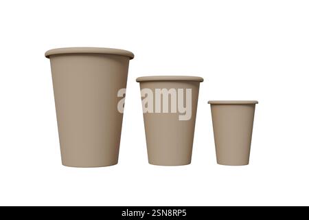 Modello 3D di tazze marroni di carta di diverse dimensioni su sfondo bianco, tazze per caffè e tè Foto Stock