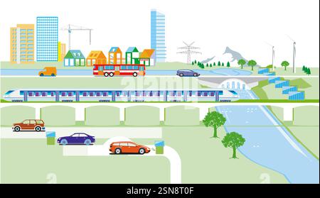 Treno espresso e autobus, auto elettriche, città verde, illustrazione Foto Stock