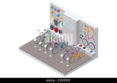 Illustrazione isometrica vettoriale di un negozio di biciclette con una varietà di biciclette, pezzi di ricambio e accessori per ciclismo in esposizione per i clienti. Illustrazione Vettoriale