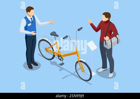 Un'illustrazione isometrica vettoriale di un cliente che parla con un dipendente di un negozio di biciclette mentre considera l'acquisto di una bicicletta gialla da città. Illustrazione Vettoriale