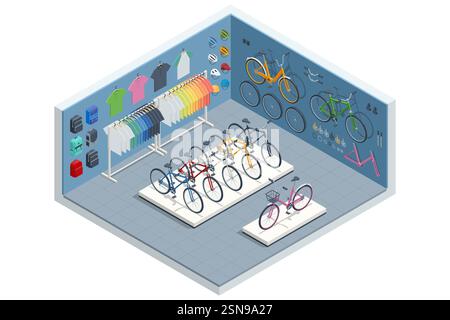 Illustrazione isometrica vettoriale dell'interno di un negozio di biciclette con una varietà di biciclette, accessori, abbigliamento e caschi per gli appassionati di ciclismo. Illustrazione Vettoriale