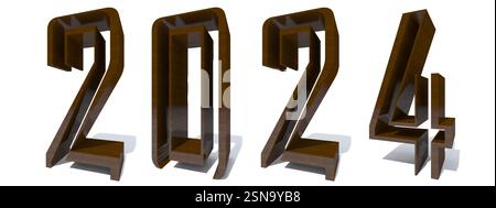 Concettuale o concettuale 2024 anni in legno o font in legno isolato su sfondo bianco. Un'illustrazione 3D astratta come metafora per il futuro Foto Stock