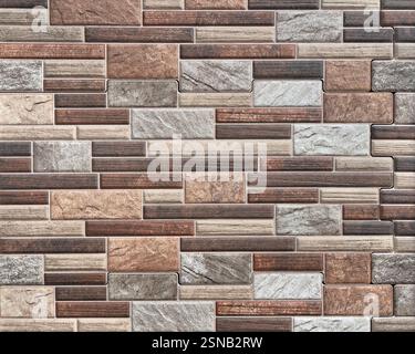 Primo piano di mattoni colorati e casuali impilati in modo casuale. Piastrelle rosse, arancioni, beige, marroni e bianche presentano strisce rettangolari a mosaico. Senza interruzioni Foto Stock