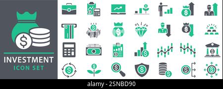 Set di icone investimento. Investimento, profitto, attività, investitore, portafoglio, icone dei dividendi. Illustrazione vettoriale. traccia modificabile. Illustrazione Vettoriale