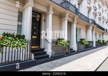 Eleganti villette in stile georgiano a Londra con facciata bianca e decorazioni floreali Foto Stock