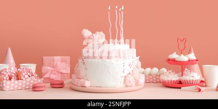 Torta di compleanno con candele e dessert sul tavolo bianco Foto Stock