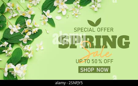 Bellissimi fiori di gelsomino e foglie su sfondo verde. Banner per i saldi di primavera Foto Stock