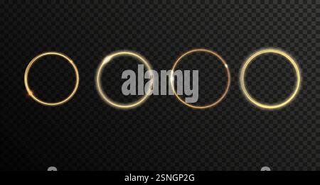 Set di anelli luminosi dorati e luminosi, effetto alone. Illustrazione Vettoriale