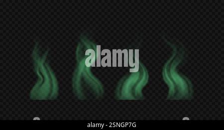 Nuvole di fumo ondulate tossiche verdi realistiche. Serie di illustrazioni vettoriali. Illustrazione Vettoriale