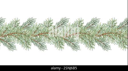 Una ghirlanda di rami di abete per il nuovo anno e l'acquerello di Natale è disegnato a mano. Confine orizzontale senza cuciture con piante invernali isola Foto Stock