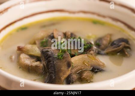Zuppa di funghi su un tavolo Foto Stock