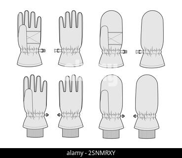Set di guanti da sci Igloos e Mittens Insulated Core Fashion accessori per la mano indumenti per illustrazioni tecniche. Vettoriale per uomo, donna, modello piatto in stile unisex, contorno schizzo di mockup CAD su bianco Illustrazione Vettoriale
