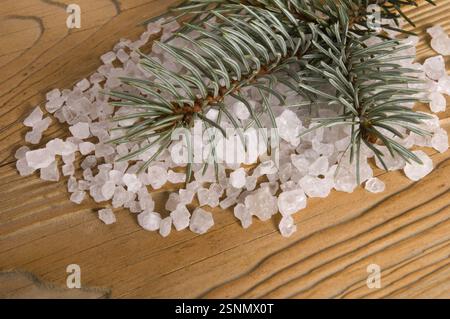 Articoli per il bagno di pino. sale marino con ramoscello fresco sul vecchio legno Foto Stock